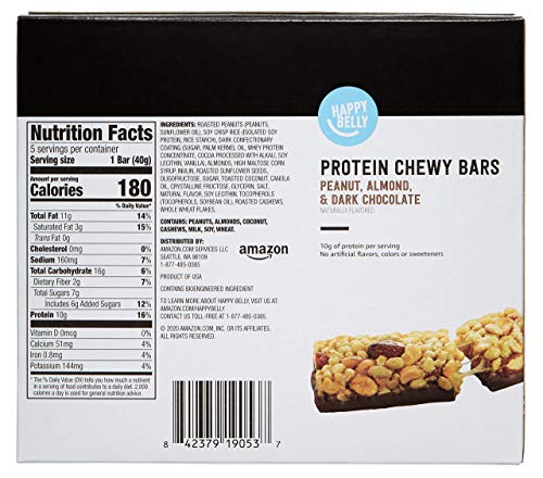 Amazon Brand - Happy Belly Protein Chewy Bars, Peanut Butter & Dark Chocolate, 30 Count (6 Packs of 5)