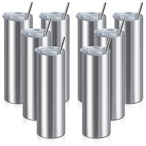 xccme 20oz straight skinny tumblers bulk,stainless steel tumbler with straw,8 pack double wall slim insulated tumbler for travel,coffee,tea, beverages,diy gift for men women friends(silver)