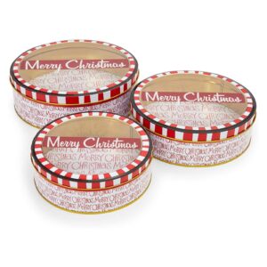 juvale set of 3 merry christmas cookie tins with lids for gift giving, round nesting holidays containers, 3 sizes