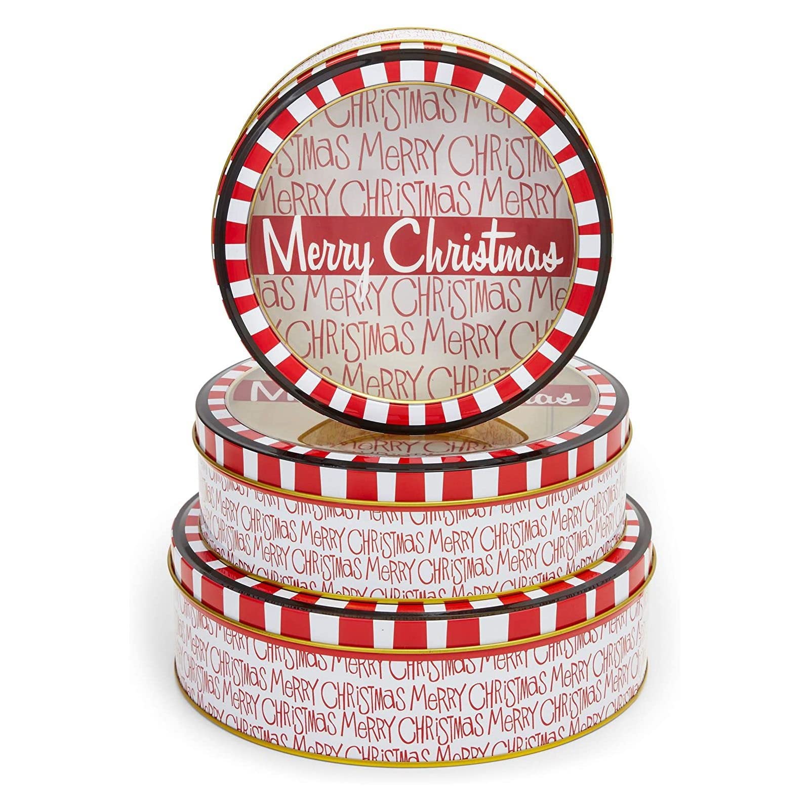 Juvale Set of 3 Merry Christmas Cookie Tins with Lids for Gift Giving, Round Nesting Holidays Containers, 3 Sizes