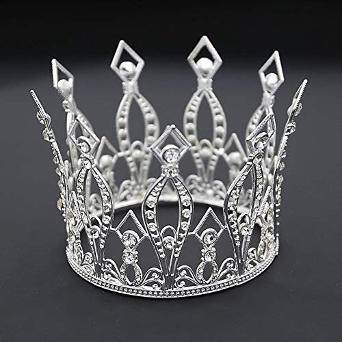 Crown Cake Topper Rhinestone Crystal Handmade Tiara Cake Decoration for Baby Shower Birthday Wedding Party Favors (Silver)