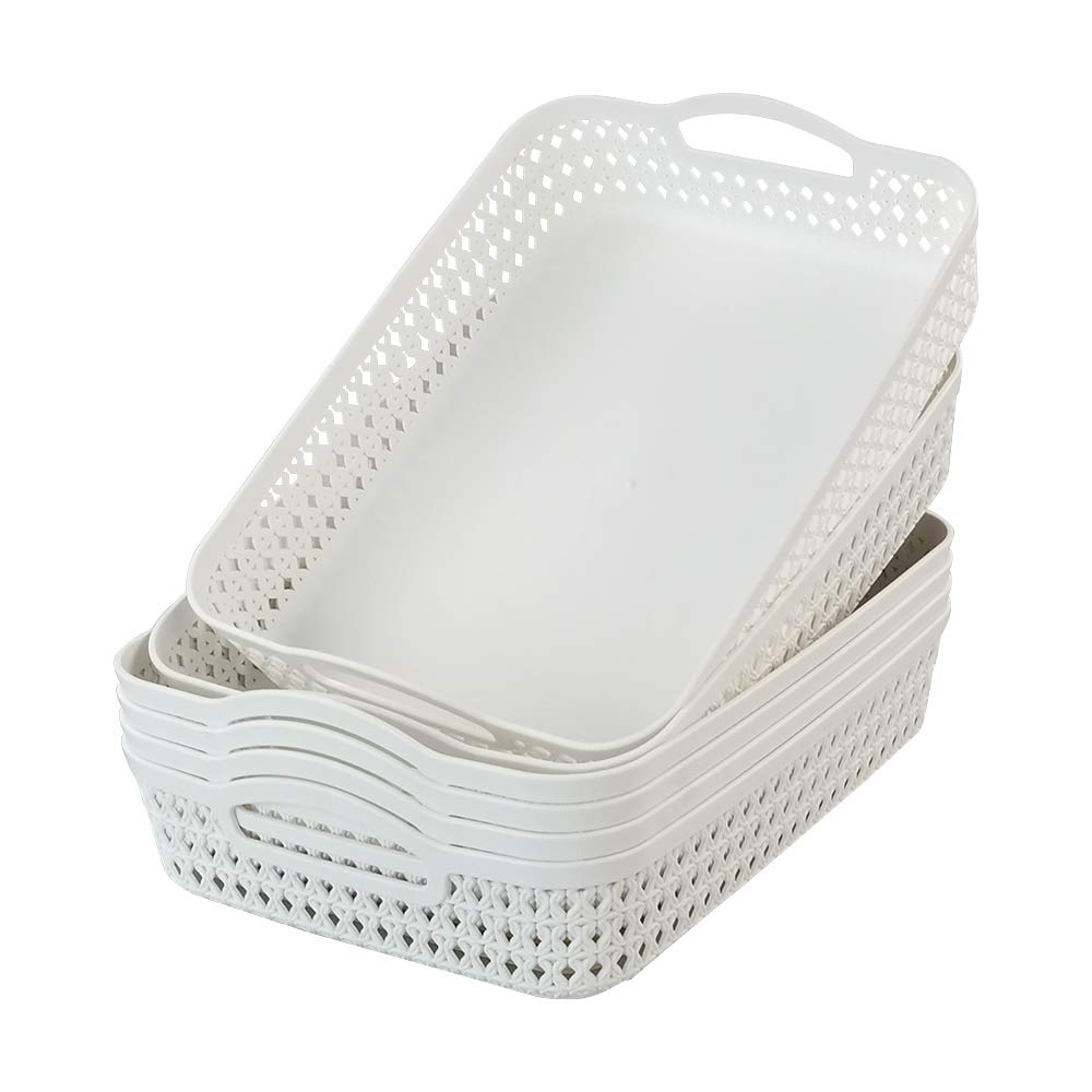 Callyne 6 Packs Large Plastic Storage Tray Baskets with Handles for Organizing, White