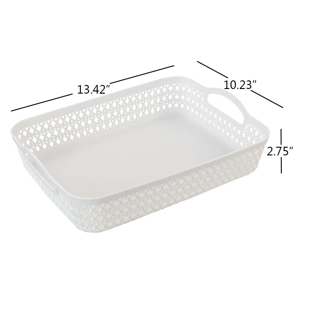 Callyne 6 Packs Large Plastic Storage Tray Baskets with Handles for Organizing, White