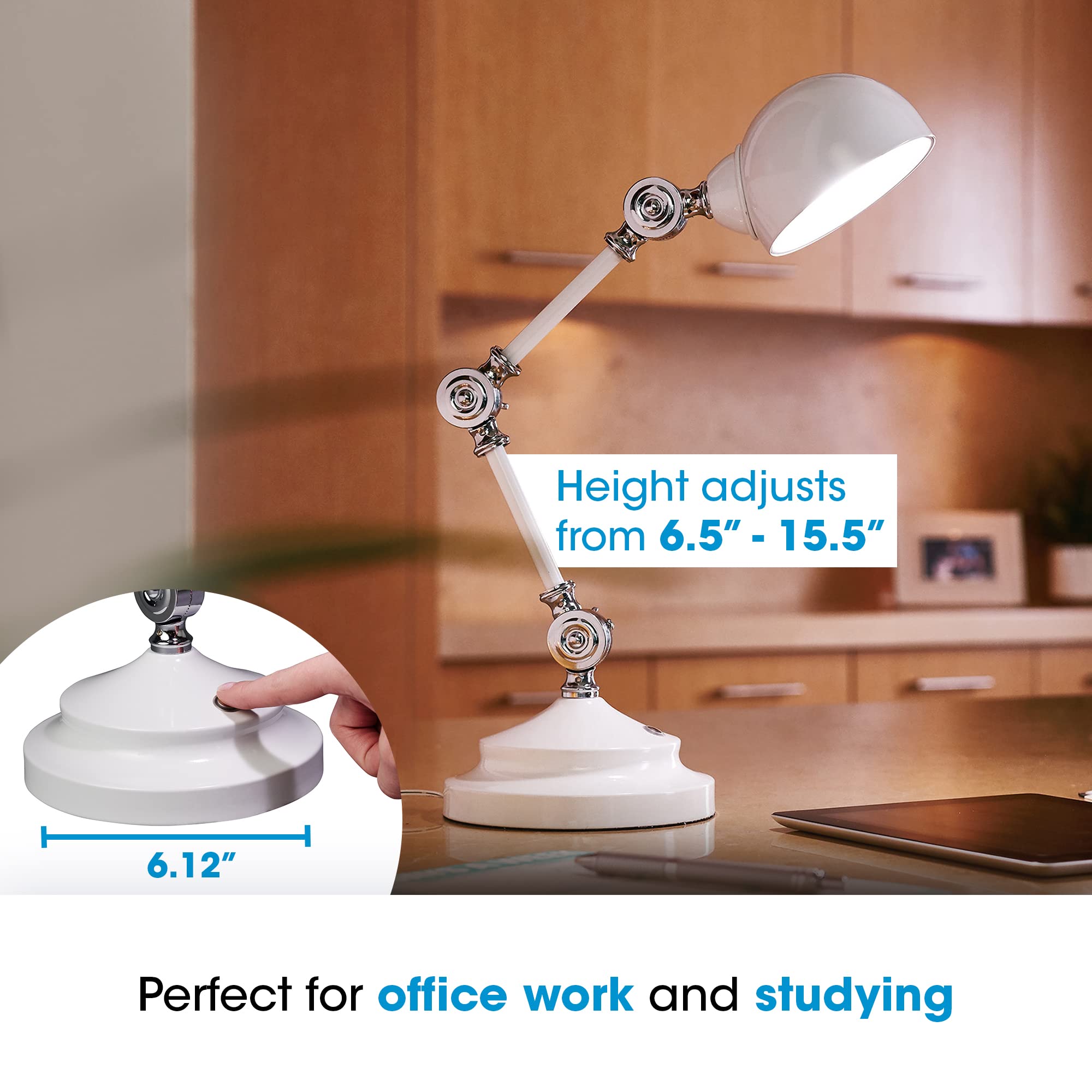 OttLite Pharmacy Adjustable LED Desk Lamp with USB Charging, Prevention Series - Designed to Reduce Eyestrain, 3-Point Adjustable Neck, 3 Brightness Settings with Touch Controls - Office Work, Reading