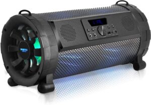 pyle wireless portable bluetooth boombox speaker - 500w 2.1ch rechargeable boom box speaker portable barrel loud stereo system with flashing led, digital lcd display, aux, usb, 1/4" mic in