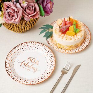 Crisky 60 Fabulous Disposable Plates for Women 60th Birthday Decorations Rose Gold Dessert, Buffet, Cake Disposable Plates 60th Birthday Party Table Supples, 50 Count, 9 inches