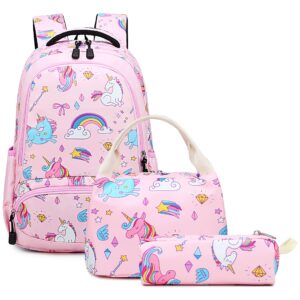 unicorn school backpack for girls - 3 in 1 kids waterproof cute school bookbag set with lunch bag pencil case for kindergarten elementary pink
