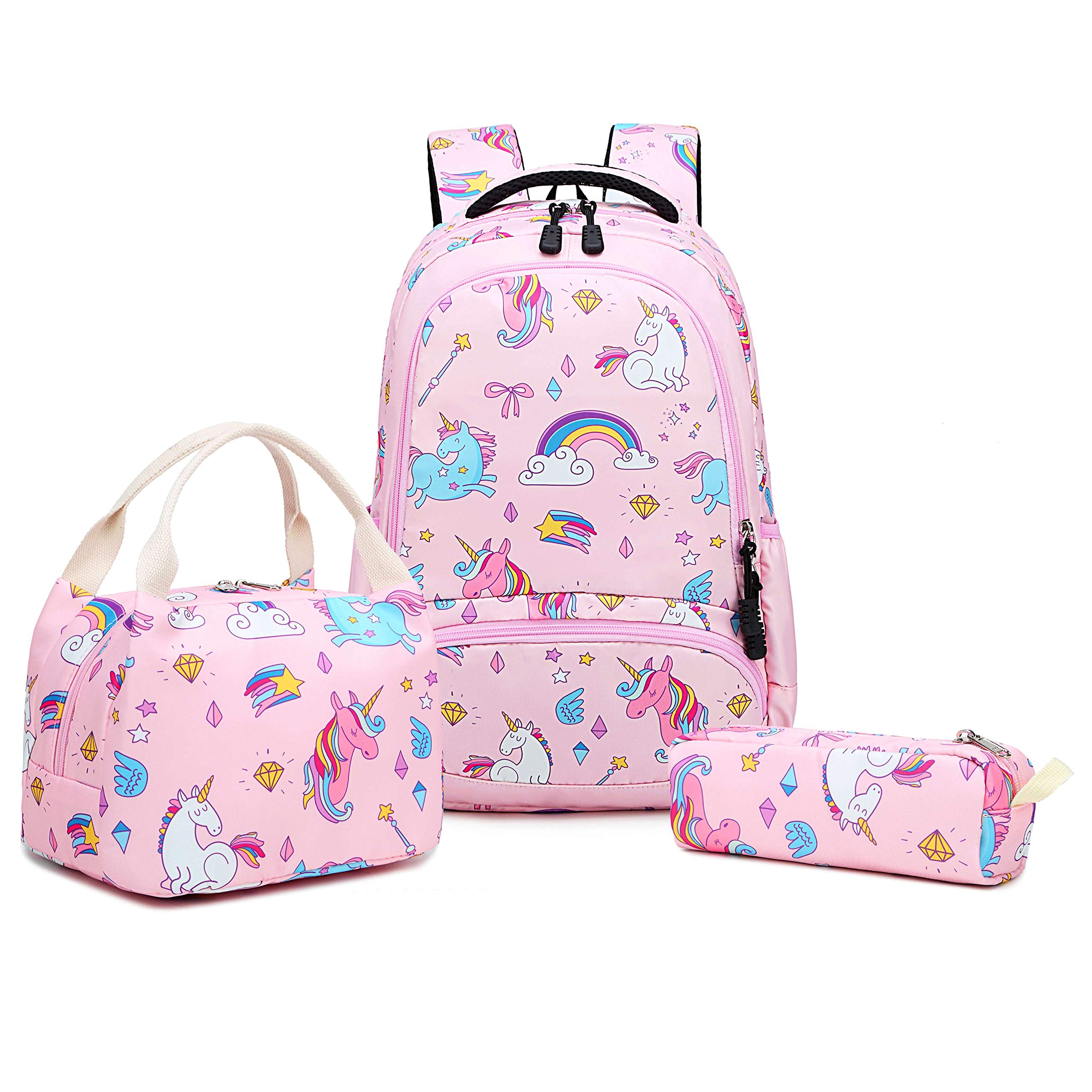 Unicorn School Backpack for Girls - 3 in 1 Kids Waterproof Cute School Bookbag Set with Lunch Bag Pencil Case for Kindergarten Elementary Pink