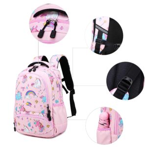 Unicorn School Backpack for Girls - 3 in 1 Kids Waterproof Cute School Bookbag Set with Lunch Bag Pencil Case for Kindergarten Elementary Pink