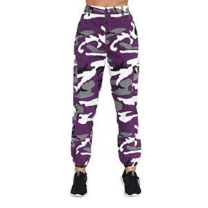 ZODLLS Women's Camo Pants Cargo Trousers Cool Camouflage Pants Elastic Waist Casual Multi Jogger Pants with Pocket Purple Camo-XL