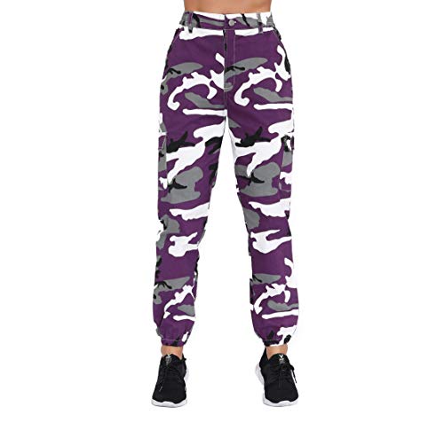 ZODLLS Women's Camo Pants Cargo Trousers Cool Camouflage Pants Elastic Waist Casual Multi Jogger Pants with Pocket Purple Camo-XL