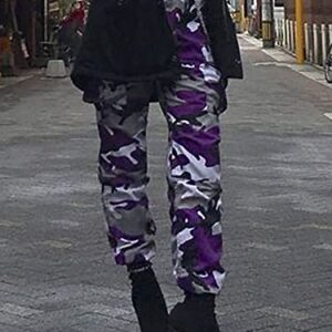 ZODLLS Women's Camo Pants Cargo Trousers Cool Camouflage Pants Elastic Waist Casual Multi Jogger Pants with Pocket Purple Camo-XL