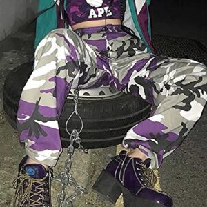 ZODLLS Women's Camo Pants Cargo Trousers Cool Camouflage Pants Elastic Waist Casual Multi Jogger Pants with Pocket Purple Camo-XL