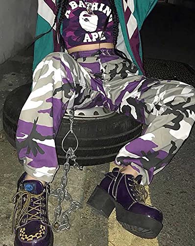 ZODLLS Women's Camo Pants Cargo Trousers Cool Camouflage Pants Elastic Waist Casual Multi Jogger Pants with Pocket Purple Camo-XL