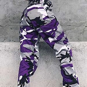 ZODLLS Women's Camo Pants Cargo Trousers Cool Camouflage Pants Elastic Waist Casual Multi Jogger Pants with Pocket Purple Camo-XL