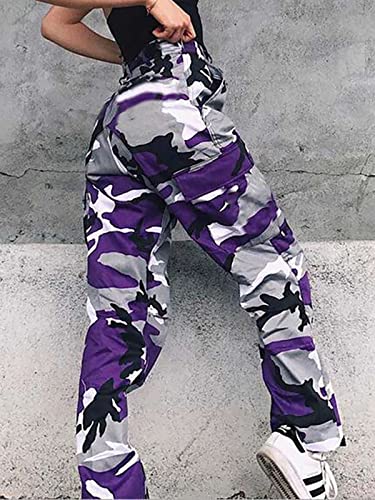 ZODLLS Women's Camo Pants Cargo Trousers Cool Camouflage Pants Elastic Waist Casual Multi Jogger Pants with Pocket Purple Camo-XL