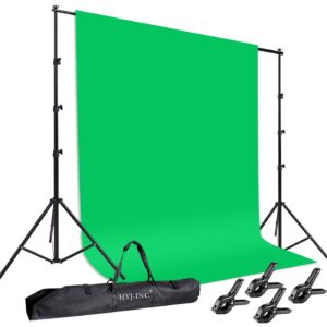 HYJ-INC Photo Background Support System with 8.5 x 10ft Backdrop Stand Kit, 6 x 9.5ft 100% Pure Muslin Chromakey Green Screen Backdrop,Clamp, Carry Bag for Photography Video Studio