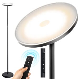 outon floor lamp, 30w/3000lm led modern torchiere sky lamp, super bright dimmable standing tall lamp with 4 color temperatures, remote touch control, 1 hour timer for living room bedroom office, black