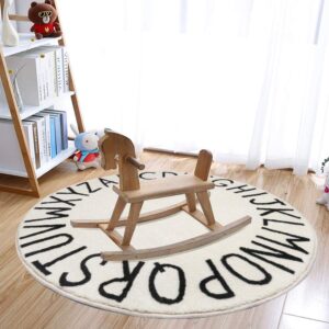 SHACOS Ultra Soft Round ABC Rug 4 Ft Alphabet Rug for Kids Room Play Rug Baby Nursery Rug Educational Playroom Carpet Classroom Rug (4 ft, Beige)