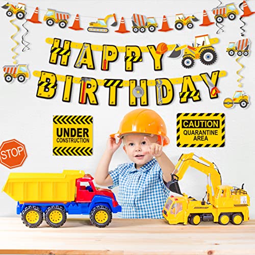 73PCS Construction Birthday Decorations for Boys, Cupcake Toppers, Barricades, Caution Tape, Foil Balloons, Banners, Hanging Swirls, Construction Birthday Party Supplies
