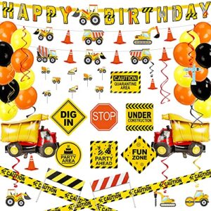 73pcs construction birthday decorations for boys, cupcake toppers, barricades, caution tape, foil balloons, banners, hanging swirls, construction birthday party supplies
