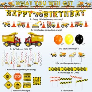 73PCS Construction Birthday Decorations for Boys, Cupcake Toppers, Barricades, Caution Tape, Foil Balloons, Banners, Hanging Swirls, Construction Birthday Party Supplies