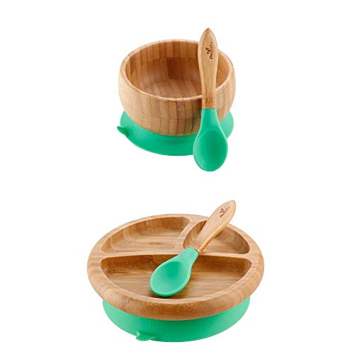 Avanchy Bamboo Baby Bowl + Baby Plate + 2 First Stage Spoons. Removable Suction Bottoms.