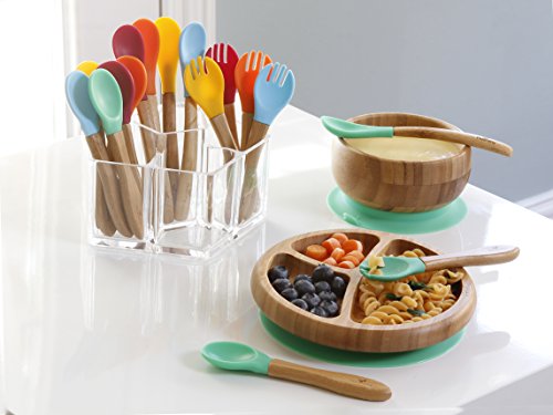 Avanchy Bamboo Baby Bowl + Baby Plate + 2 First Stage Spoons. Removable Suction Bottoms.