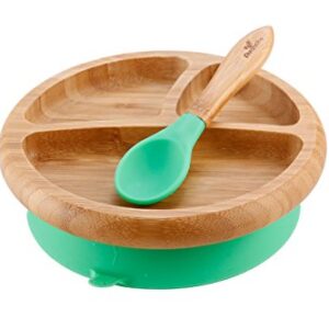 Avanchy Bamboo Baby Bowl + Baby Plate + 2 First Stage Spoons. Removable Suction Bottoms.