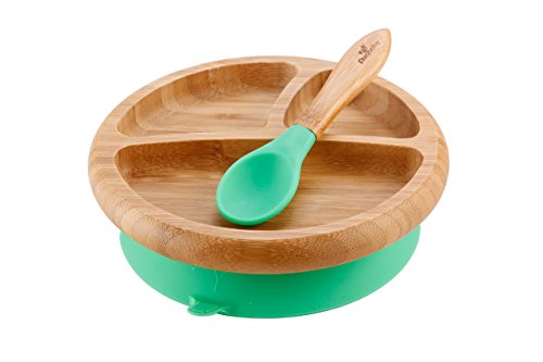 Avanchy Bamboo Baby Bowl + Baby Plate + 2 First Stage Spoons. Removable Suction Bottoms.