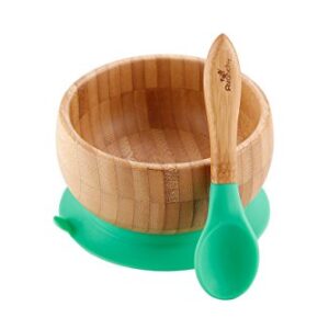 Avanchy Bamboo Baby Bowl + Baby Plate + 2 First Stage Spoons. Removable Suction Bottoms.