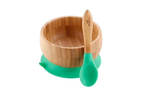 Avanchy Bamboo Baby Bowl + Baby Plate + 2 First Stage Spoons. Removable Suction Bottoms.