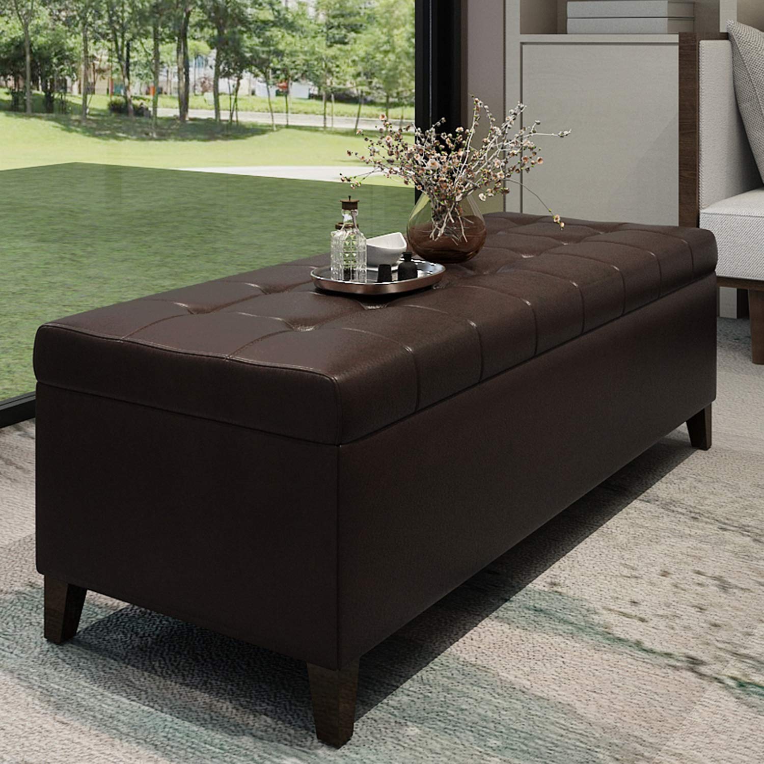 Asense 51" Long Storage Ottoman Bench Large Space, Faux Leather Rectangular Lift Top Footrest Extra Seat Footstool for Living Room Bedroom Entryway, Brown