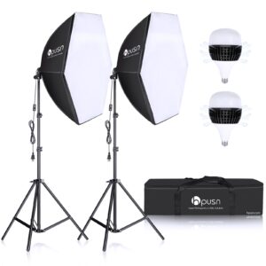 hpusn softbox lighting kit 2x76x76cm professional continuous studio photography photo studio equipment with 2pcs e27 socket 85w 6500k led bulbs for portrait and product shooting