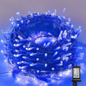 ljlnion 300 led string lights outdoor indoor, extra long 98.5ft super bright christmas lights, 8 lighting modes, plug in waterproof fairy lights for holiday wedding party bedroom decorations (blue)