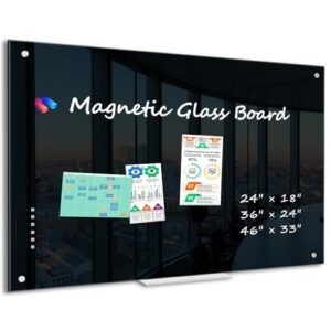 walglass black dry erase board 46"x33", large magnetic glass board, framless tempered black glass whiteboard for walls, office, school, 6 strong magnets, 1 acrylic pen tray