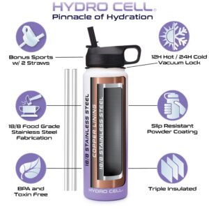 HYDRO CELL Stainless Steel Insulated Water Bottle with Straw - For Cold & Hot Drinks - Metal Vacuum Flask with Screw Cap and Modern Leakproof Sport Thermos for Kids & Adults (Lavender/White 24oz)