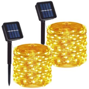 daylightir 2 pack 100 led solar powered copper wire string lights outdoor, waterproof, 8 modes fairy lights for garden, patio, party, yard, christmas (warm white)