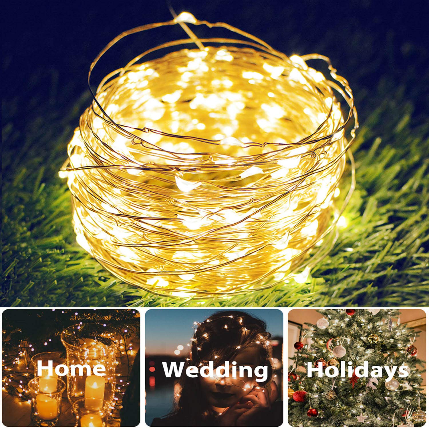 DAYLIGHTIR 2 Pack 100 LED Solar Powered Copper Wire String Lights Outdoor, Waterproof, 8 Modes Fairy Lights for Garden, Patio, Party, Yard, Christmas (Warm White)