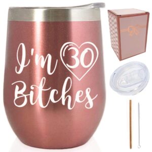 i'm 30 funny 30th birthday gifts for women/rose gold 12 oz insulated double wall stainless steel tumbler/cup/mug/travel wine glass w/lid & straw/bday decorations/present ideas for her,wife,mom,sister