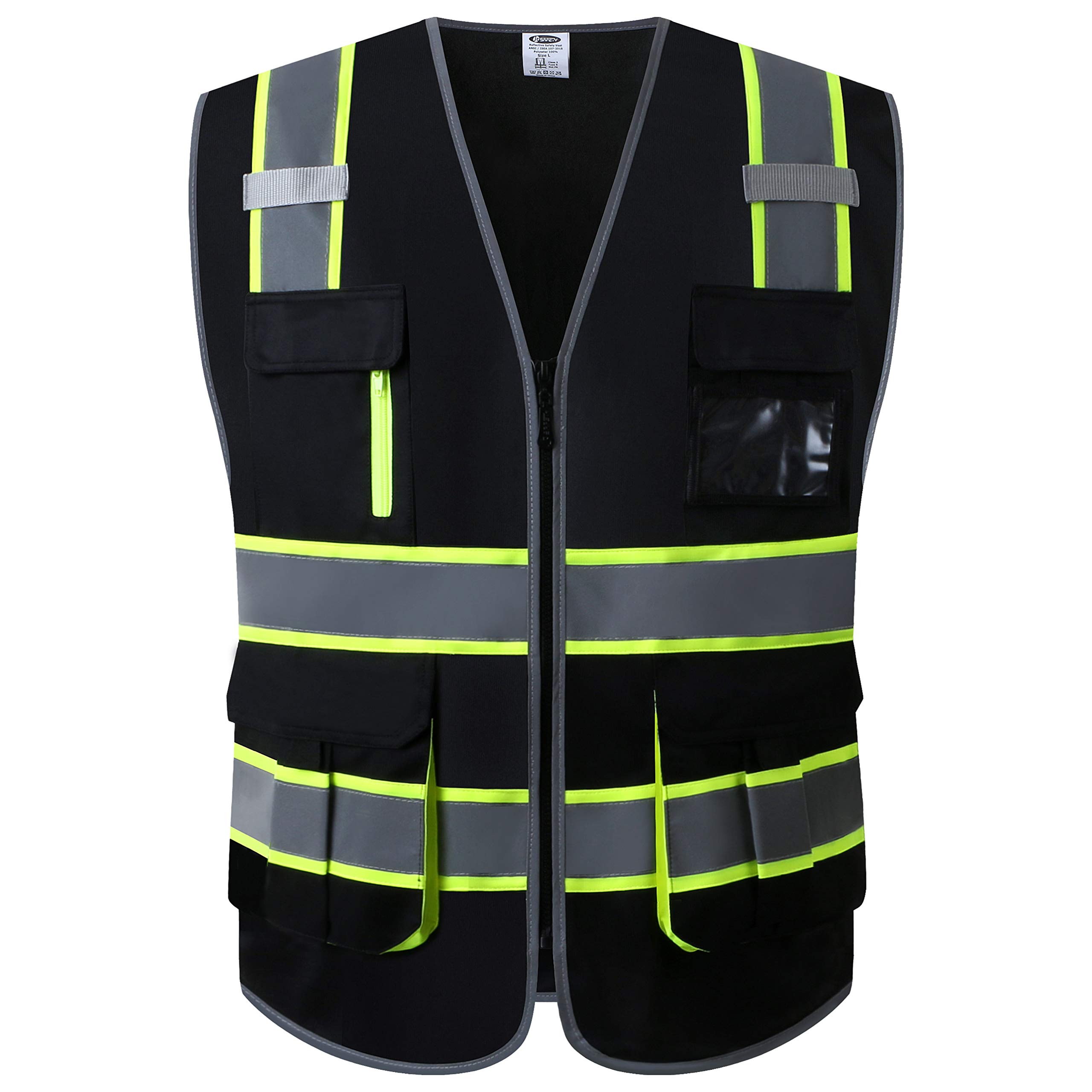 JKSafety 9 Pockets High Visibility Safety Vest for Men and Women Zipper Front with Hi-Vis Reflective Strips Meets ANSI/ISEA Standards (130-Black, Large)