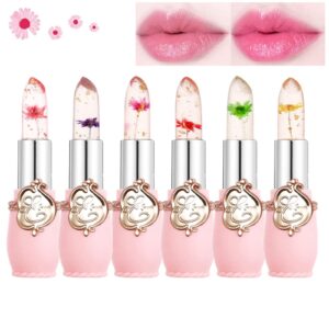 btspring clear flower jelly lipstick, 6 packs nutritious moisturizer lip balm temperature color change lipstick matte long lasting lip gloss (pink)