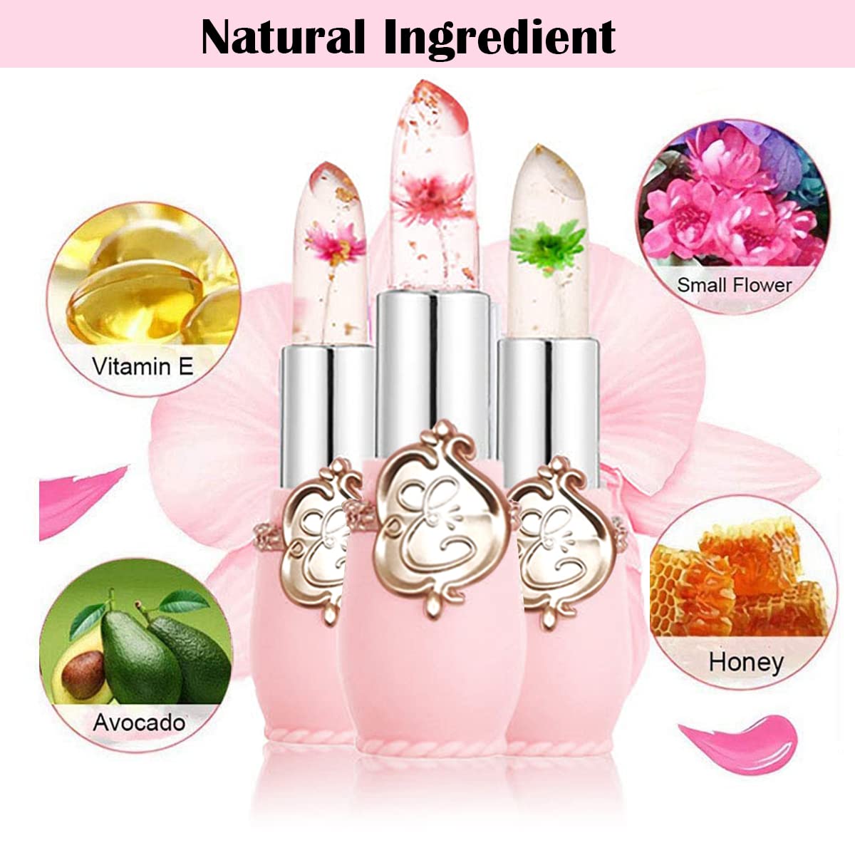 Btspring Clear Flower Jelly Lipstick, 6 Packs Nutritious Moisturizer Lip Balm Temperature Color Change Lipstick Matte Long Lasting Lip Gloss (Pink)