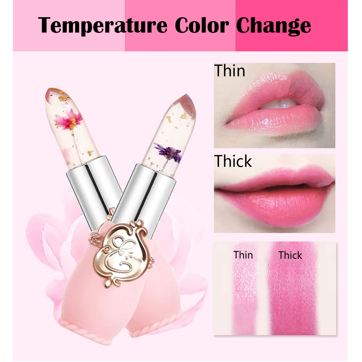 Btspring Clear Flower Jelly Lipstick, 6 Packs Nutritious Moisturizer Lip Balm Temperature Color Change Lipstick Matte Long Lasting Lip Gloss (Pink)