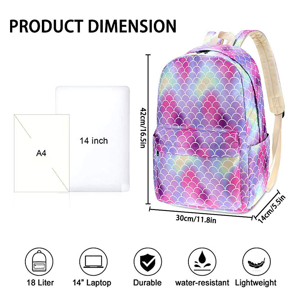 MCWTH Mermaid Rainbow School Backpack for Girls, School Bags Bookbags for Teen Kids (Pink)