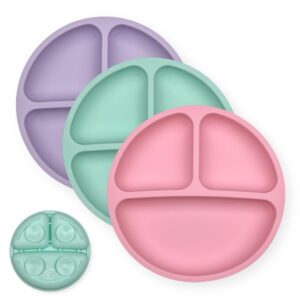 hippypotamus toddler plates with suction - baby plates - 100% food-grade silicone divided plates - bpa free - dishwasher safe - set of 3 (pink/mint/lavender)
