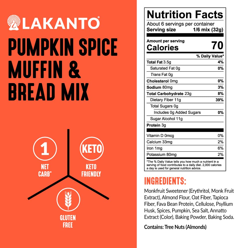 Lakanto Sugar Free Pumpkin Spice Muffin and Bread Mix - Sweetened with Monk Fruit, Keto Diet Friendly, Gluten Free, Dairy Free, 1g Net Carbs - Makes 12 Muffins