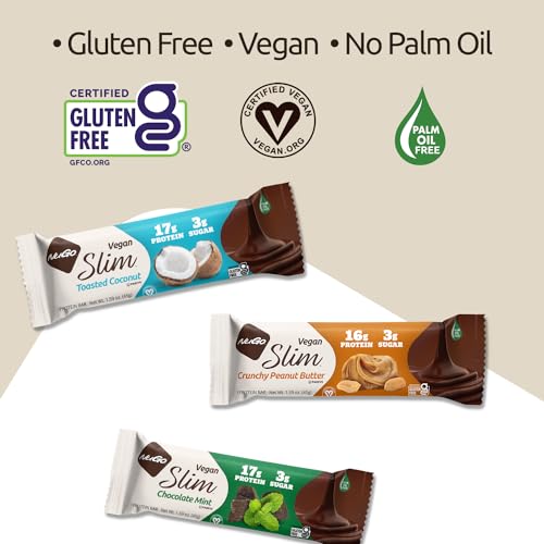 Nugo Slim Dark Chocolate Crunchy Peanut Butter, 16g Vegan Protein, 3g Sugar, 7g Fiber, 180 Calories, Low Net Carbs, Gluten Free, 24 Count