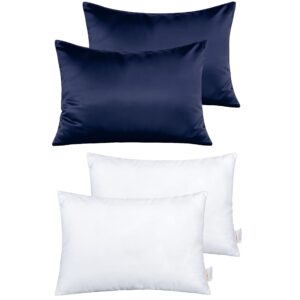 ntbay 2 pack cotton 13" x18" pillows with toddler satin pillowcases, soft kids crib pillows for sleeping with zippered baby travel pillow cases in daycare preschool, navy blue