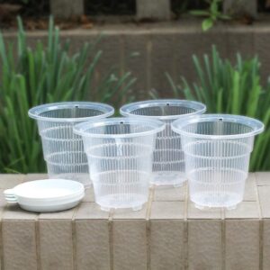 meshpot 4 inch clear plastic orchid pots with holes and saucers for repotting,pack of 4,small orchid planters own scientific controlling roots technology to develop more strong roots